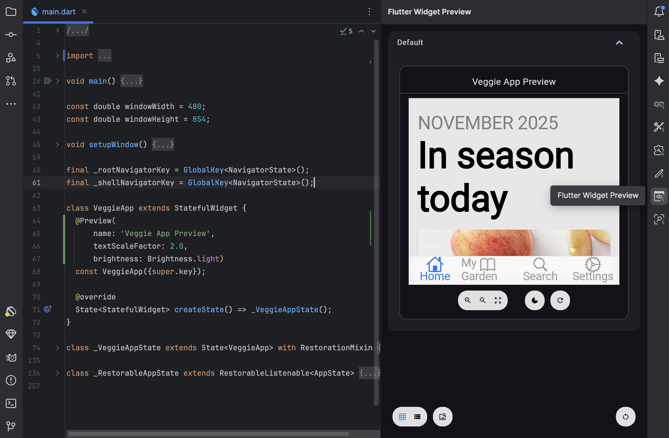 Flutter Widget Previewer running in an IDE